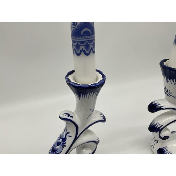 Blue and White Porcelain Double Candlestick, Set of 2, Made in Portugal w/Tapers - Picture 9 of 16